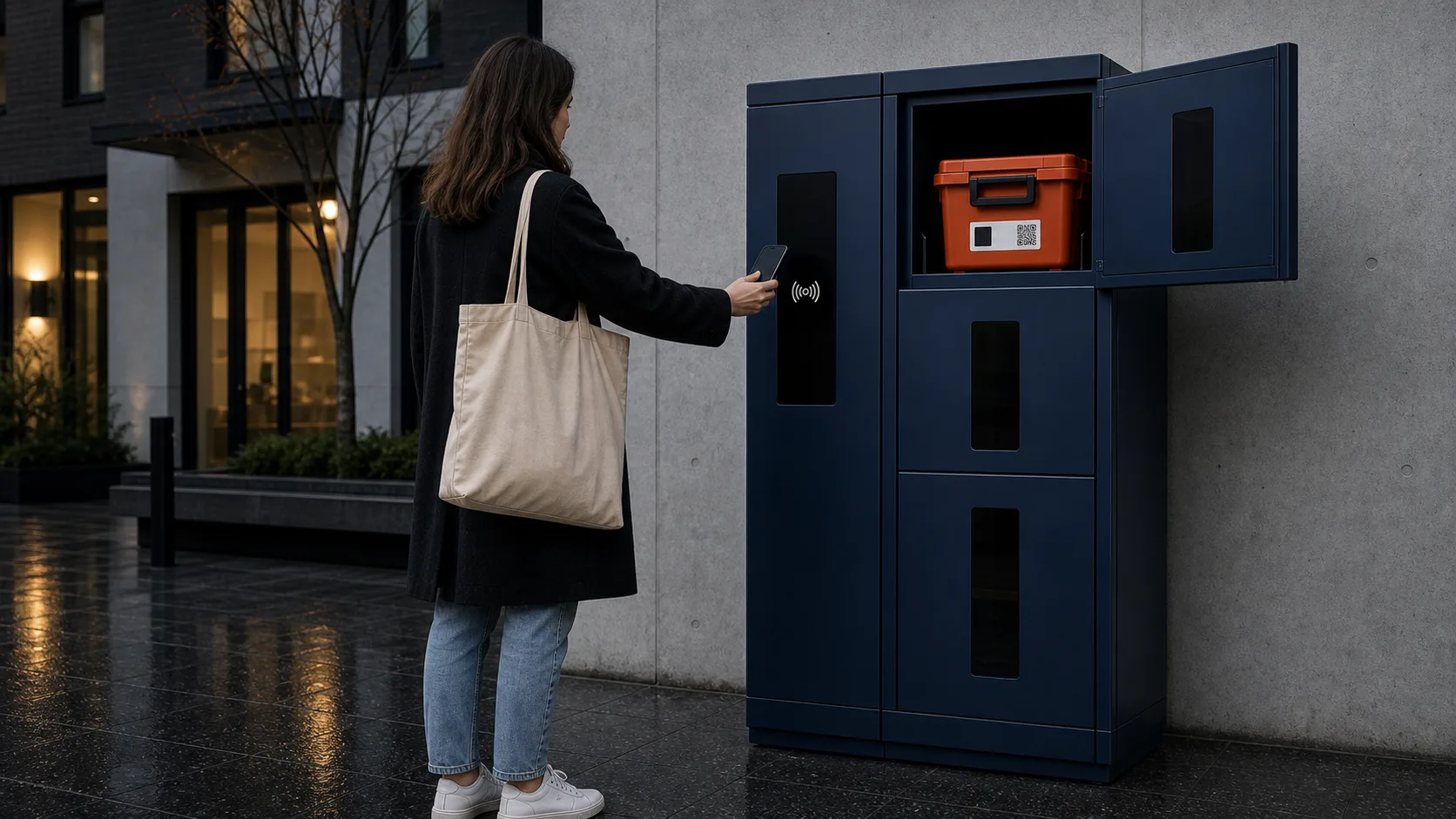 Resident using a phone at a modular e-waste cabinet with viewing panels and an orange reusable box.