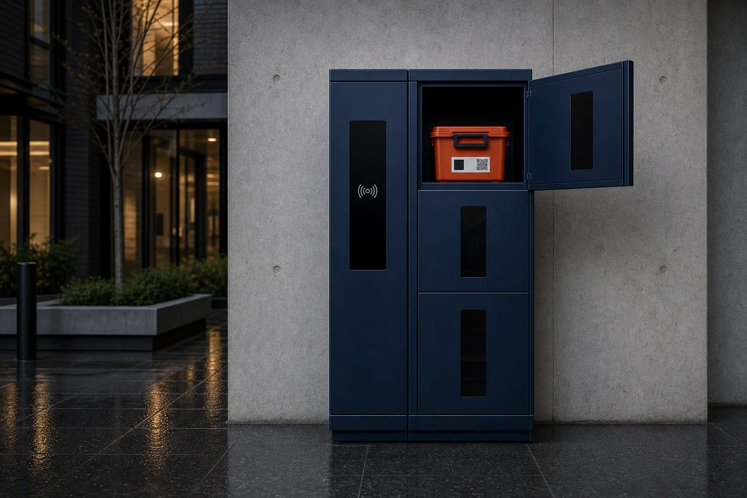 Modular e-waste cabinet with viewing panels and orange reusable boxes in a dark product reveal.