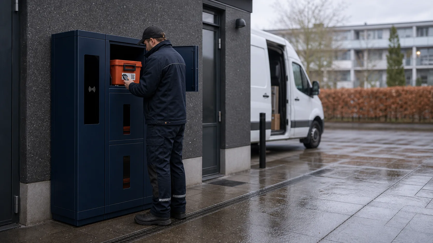 Collector scanning an orange reusable box at the cabinet before pickup.