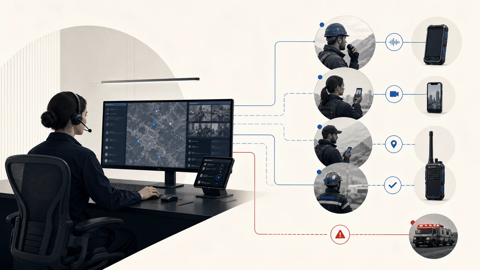 Editorial visualization of a dispatcher coordinating field teams through push-to-talk, video, location, and radio-side controls.