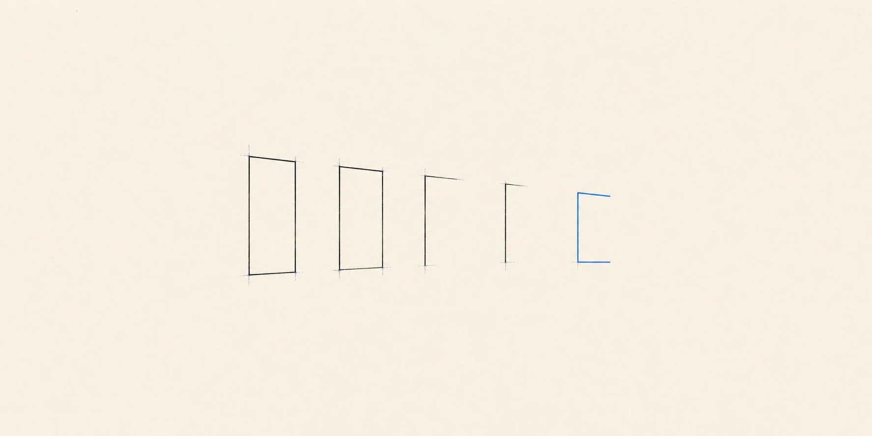 Dark threshold frames become progressively incomplete, ending in an unfinished blue frame.